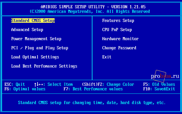 Главное меню AMI BIOS версии 1.21