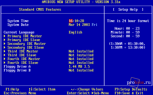 Пункт Standard CMOS Features