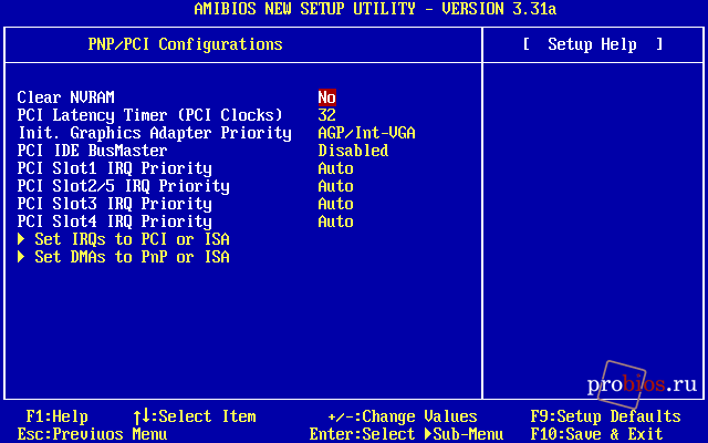 Пункт PNP/PCI Configurations