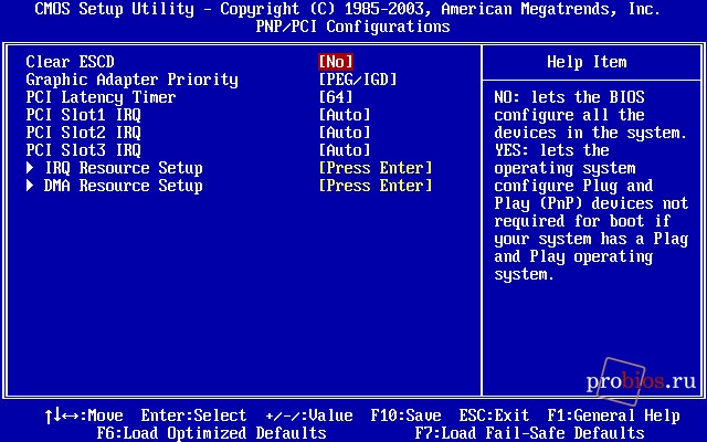 Пункт PNP/PCI Configurations