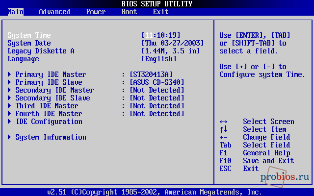 Пункт Main меню AMI BIOS версий 2.5x/2.6x на материнских платах ASUS